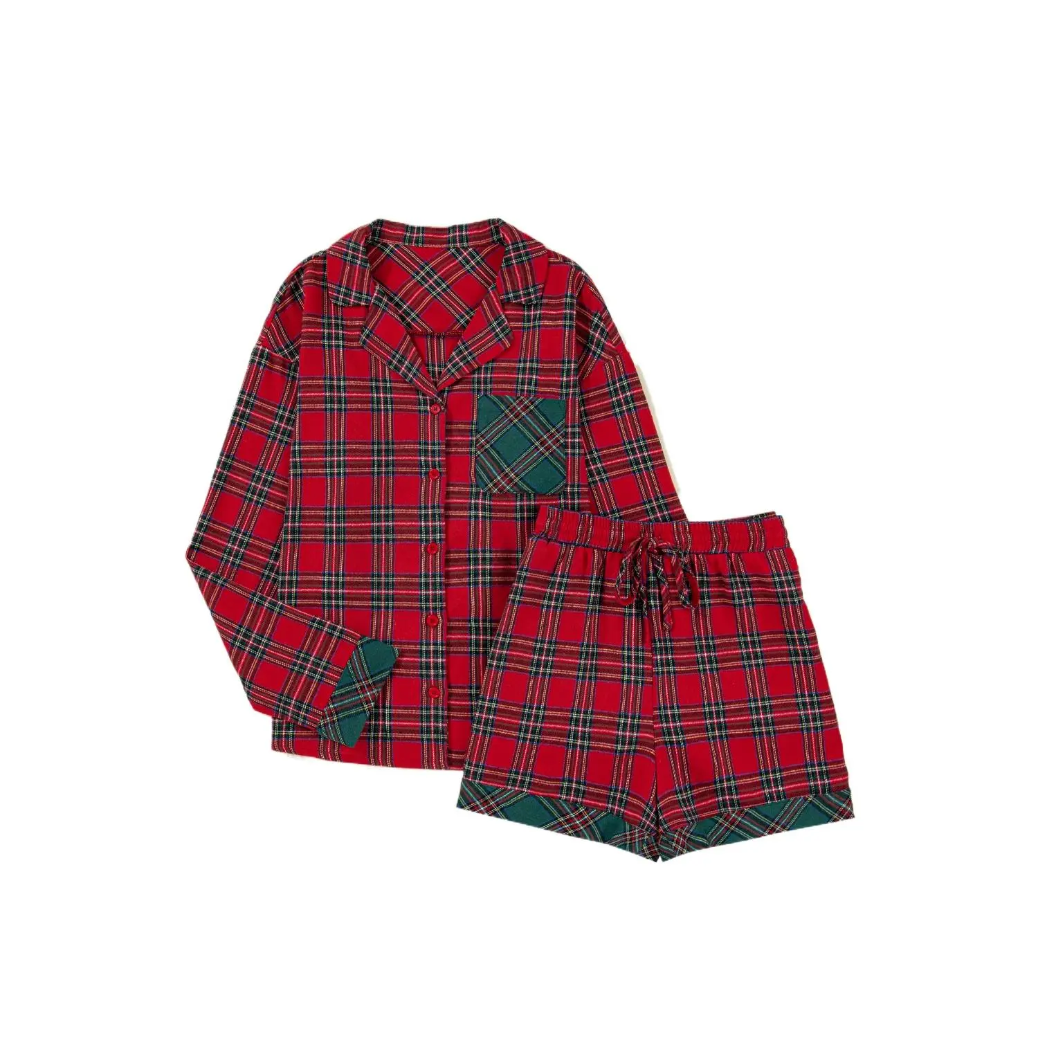 Women's Festive Red Plaid Long Sleeve Polyester Pajama Set - Casual Style Loungewear, Cozy Christmas Shirt Attire, Breathable