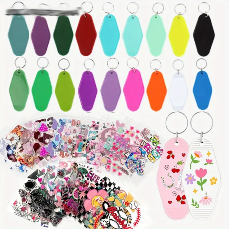 48pcs Random Mixed Styles UV DTF Keychain Wraps & Blank Hotel Keychains Set, for DIY Crafts Ornaments (Fashion Accessories), Keychain Accessory, Cool Keychains
