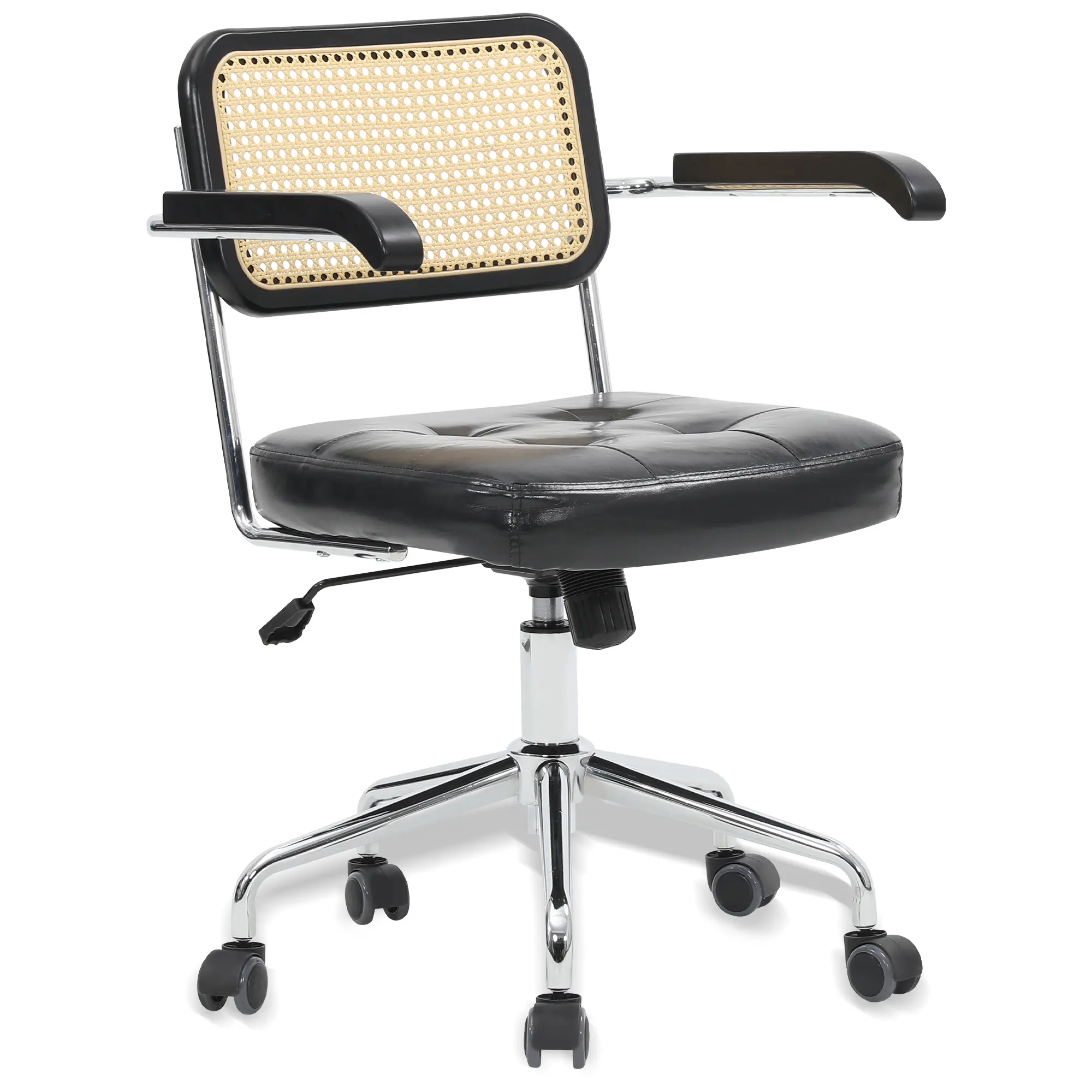 Mid Century Modern Tilting Rattan Back Desk Chair with Wheels, 360 Swivel, Height Adjustable, Armrest, Perfect for Home Office, PU Leather, Black christmas present gift summerwins