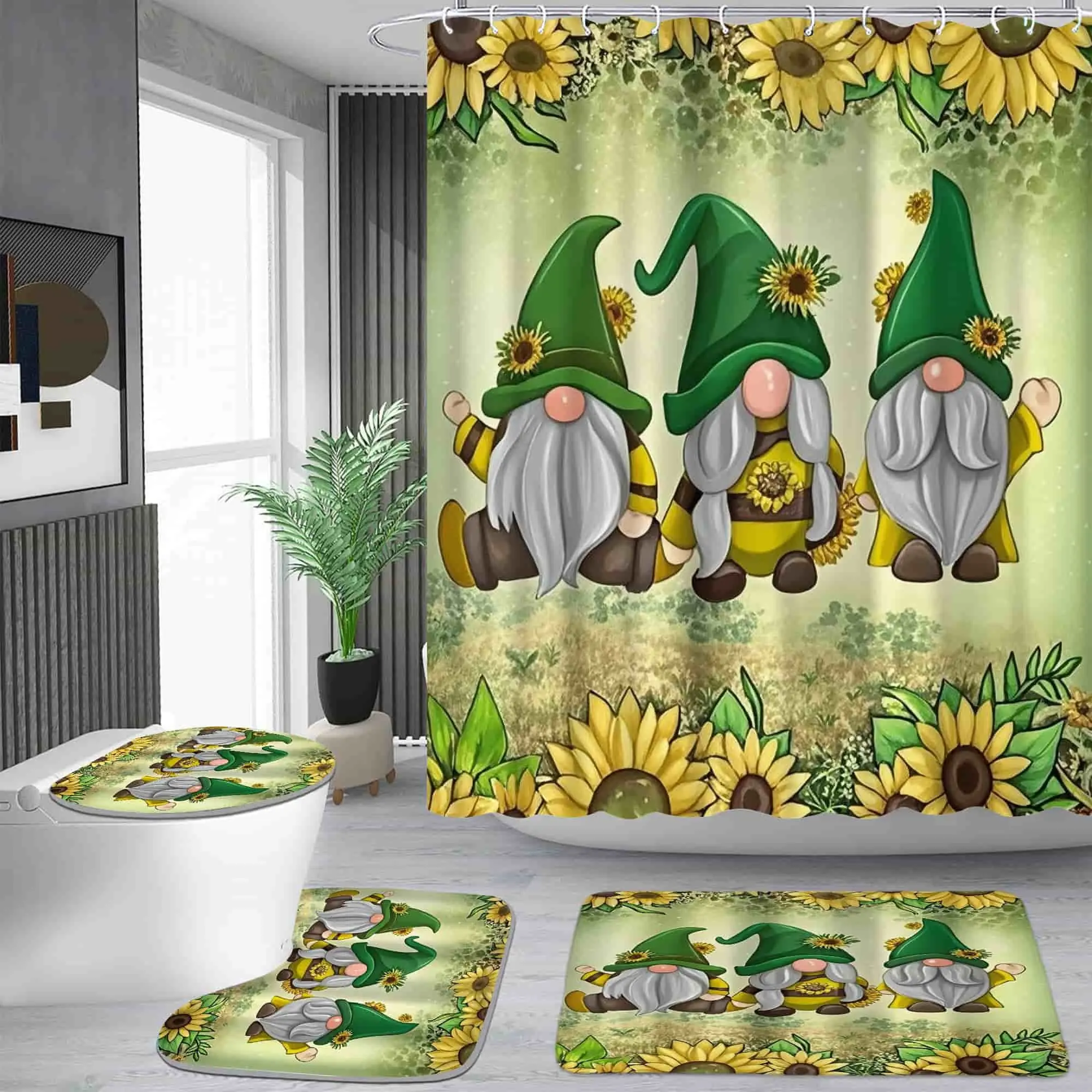 Sunflower goblin dwarf pattern shower curtain set, waterproof shower curtain with 12 hooks, non-slip bathroom carpet, toilet U-shaped cushion, toilet seat cover cushion, bathroom shower curtain set, perfect moving gift.