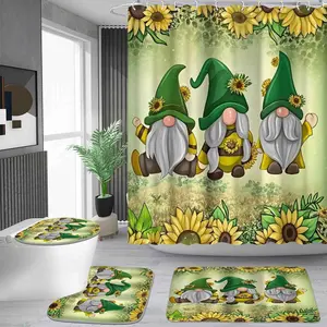 1/4 piece sunflower goblin dwarf pattern shower curtain set, waterproof shower curtain with 12 hooks, non-slip bathroom carpet, toilet U-shaped cushion, toilet seat cover cushion, bathroom shower curtain set, perfect moving gift.