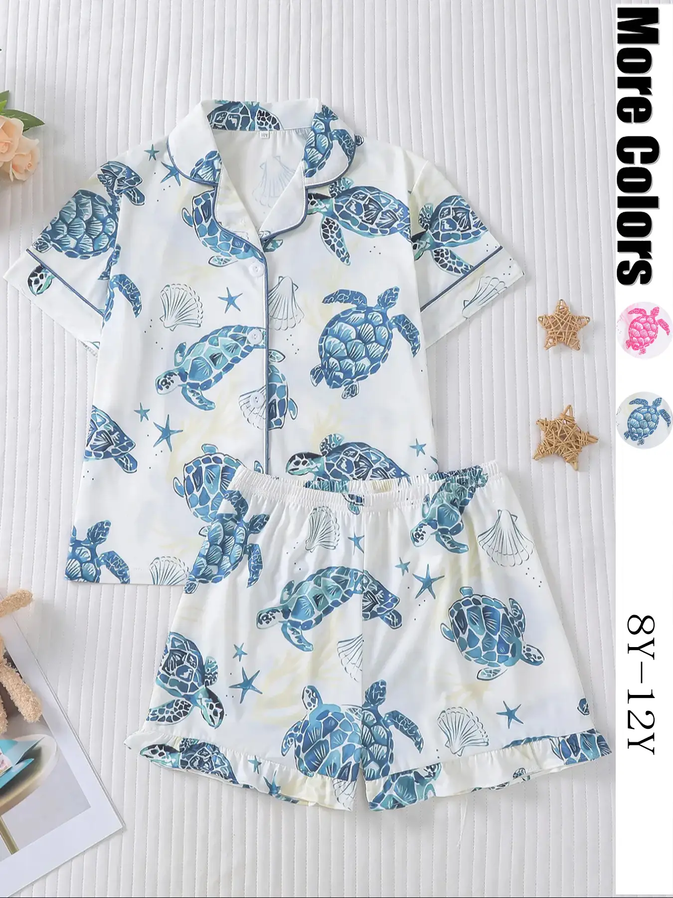 Kids Cartoon Star Turtle Print Pajama Two-piece Set, Cute Comfy Short Sleeve Lapel Neck Pj Set, Kids Sleepwear for All Seasons