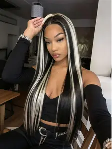 "Black and White Highlighted 13×4 Lace Front Straight Wig, Free Parting, Natural Hairline.High-Temperature Resistant Synthetic Fiber. Suitable for White-Themed Stage Looks, Coachella Festival, Women’s Parties, Cosplay, and Stage Performances.28-Inch Syn