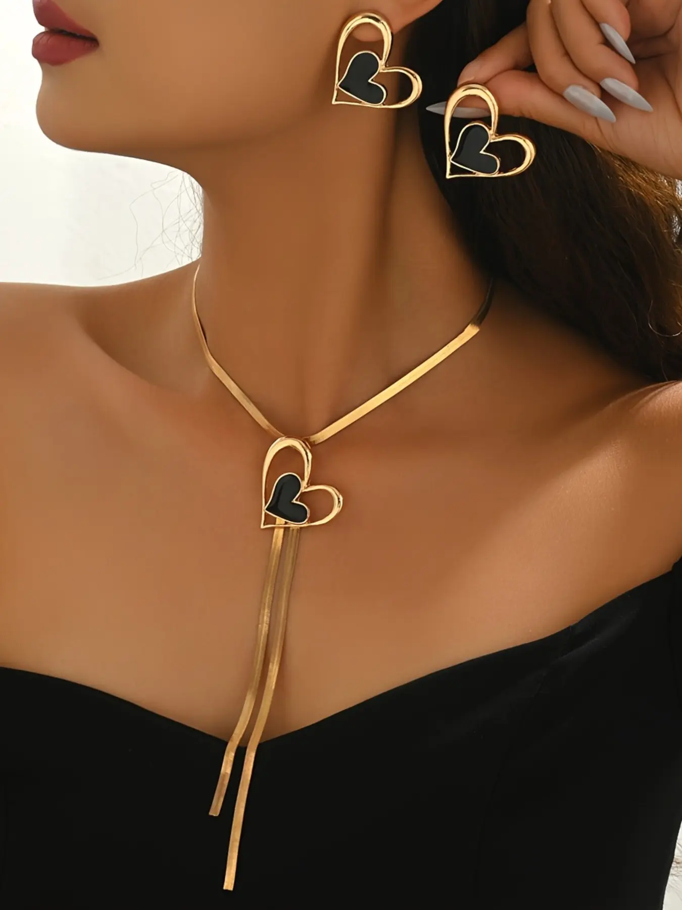 Women's Fashion Necklace and Earring Set, Trendy Jewelry Set, Fashionable Jewelry Set, Necklaces Earrings Set, Creative Heart Design, Long Tassel Y-Shape, Elegant Party Daily Wear, Fall Winter Jewelry