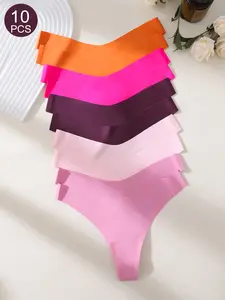 10Pcs Women's Low-Waist Thongs Set, Comfortable Daily Wear Underwear, Basic Plain Design, All-Season Suitable, Fitted Style, Pack of Ten