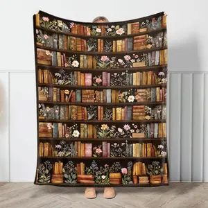 Vintage Bookshelf Library Throw Blanket, Cottagecore Book Wildlowers Blanket Gift For Book Lover Library Gift Floral Bookish Gift For Reader Blanket All-Season Home Bedroom Bed Sofa Picnic Cover  Family Friends and Chridren Perfect Gift Christmas Present