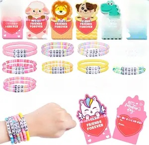 Valentines Day Cards for Girls Classroom Bulk, 24 Pack Friendship Bead Bracelets with Valentines Day Gift Cards, Classroom Prizes, Exchange Gift, Valentine’s Day Cards for Kids School