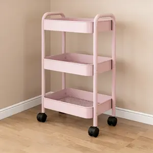 3-Tier Metal Rolling Cart with Wheels, White Utility Storage Organizer Cart, Movable Rolling Trolley with Lockable Casters & Handle, Multi-Purpose Shelf for Bathroom, Kitchen, Nursery, Craft Room, Laundry, Office, Diaper, Nail, Lash, Snack & Book Storage