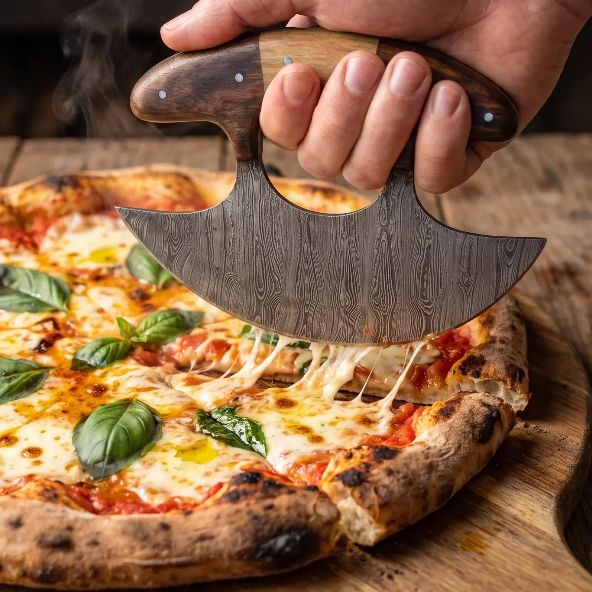 Damascus Steel Ulu Kitchen Knife - 5.5 in Wooden Handle Blade, Handmade Herb & Vegetable Chopper with Leather Sheath,Wood