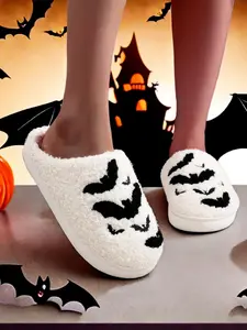 Halloween Bat Pattern Plush Slippers, Warm Comfortable Indoor Shoes for Fall & Winter, Cute One-Step on Design for Men Women, The preferred gift for Halloween horror parties