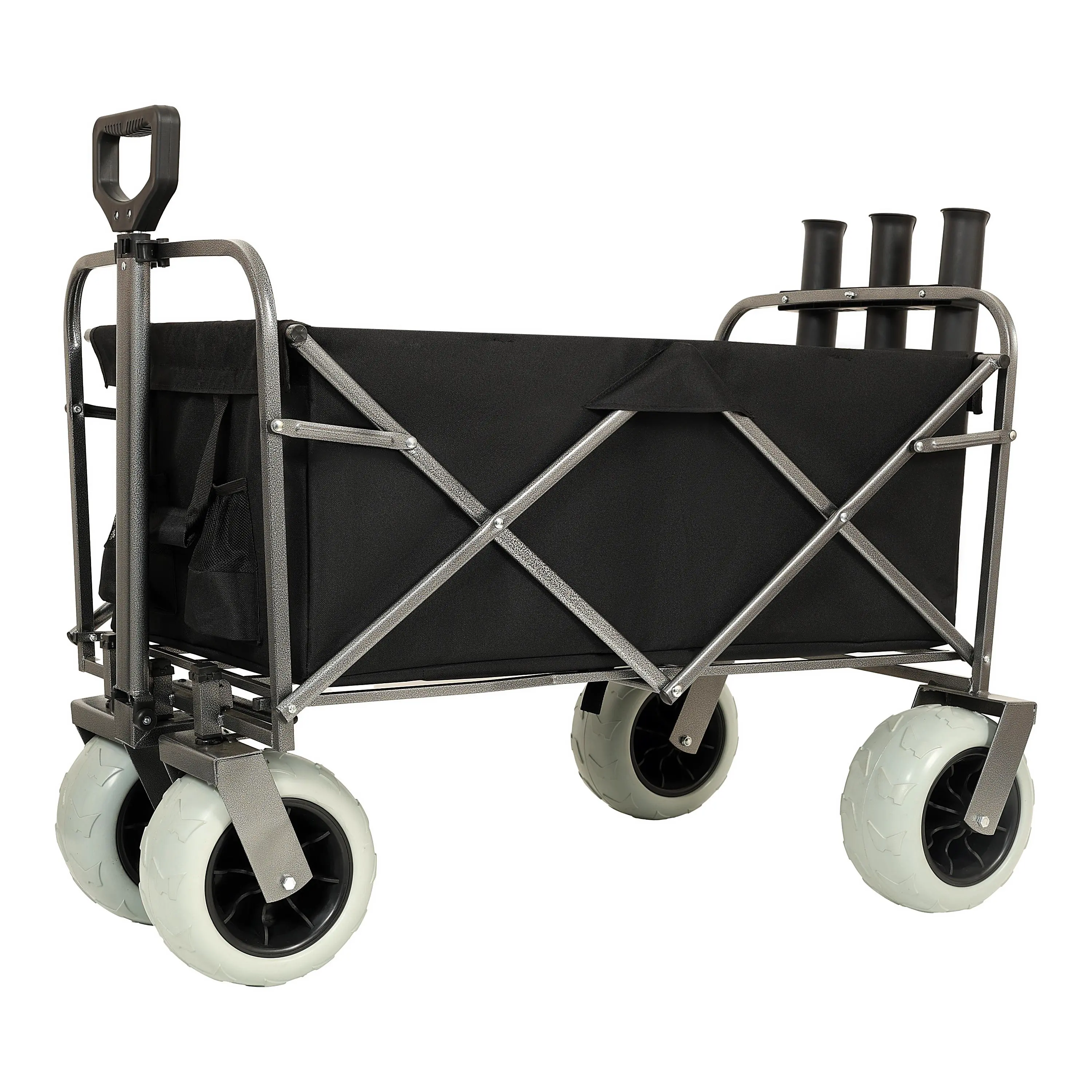 All-Terrain Steel Frame Folding Beach Wagon for Adults | 500lbs Capacity Fishing Trolley with 9" Pneumatic Sand Wheels, Rod Holders, Storage Bag, 44.88 x 25.98 x 44.49 inches