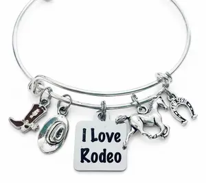 Rodeo Charm Bracelet - Expandable Silver Bangle with Western Cowboy Charms