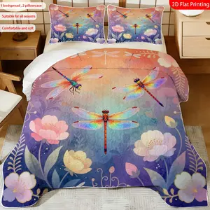 3 pcs, 2D Flat Print Dragonfly Floral Watercolor Bedspread Set, Soft and Comfortable, Multiple Sizes Available, Suitable for Gifting and Daily Use, Ideal for Creating a Cozy Home Atmosphere(1 bedspread , 2 pillowcases)