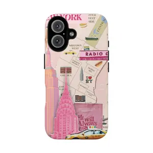 Pink NYC Map Phone Case - Aesthetic New York City Neighborhoods Travel Cover | Girly Empire State Taxi Vibe Gift for Her, Wife, Girlfriend, Xmas | Cover For iPhone 17 Pro Max 16 Plus 15 14 13 12 11 Air
