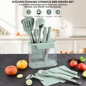 17 Piece Kitchen Knife Set, Silicone Kitchen Utensils Set, Clear Storage Rack, Can Cut Meat and Vegetables, Can Cook Noodles, Can Make Soup, Can Stir-Fry, Gift Set