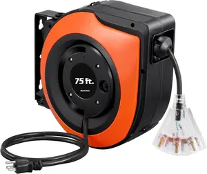Retractable Extension Cord Reel, 75 FT Heavy Duty Power Cord, 14/3C SJTOW, Lighted Triple Tap Outlets, 10A Circuit Breaker, Wall/Ceiling Mounted for Garage, Workshop, UL Listed