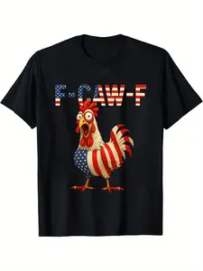 Men's Funny "F - CAW - F" American Flag Rooster Graphic Loose Long T - Shirt: Black Short - Sleeve Tee with Hilarious Patriotic Chicken Print, Perfect for 4th of July Celebrations and Casual Humorous Style