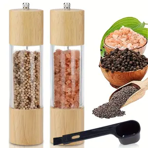 2Pieces Wood Acrylic Salt and Pepper Grinder Tool Set, Manual Salt Pepper Grinder Mill with Spoon Brush -Can Spices and Clean Ceramic Grinder, Refillable Wooden Shakers with Adjustable Ceramic Core-Salt Grinder and Pepper Mill Tool