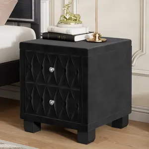 Velvet Nightstand with 2 Drawers, Elegant Upholstered Nightstand with Button-Tufted and Crystal Handle, Storage Bedside Table, Wood Bedside End Table for Bedroom