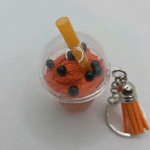 Orange Shake with Blueberries Keychain - Cute Charm with Orange Tassel and Blueberry Decoration