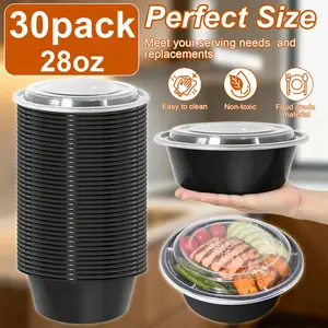 Disposable 28 oz Covered Meal Serving Bowls (30-Pack) - Meal Prep Containers, Microwaveable, Refrigerable, Freezable, Dishwasher-Safe, Ideal for Salads, Noodles, Steaks, Restaurants & Households