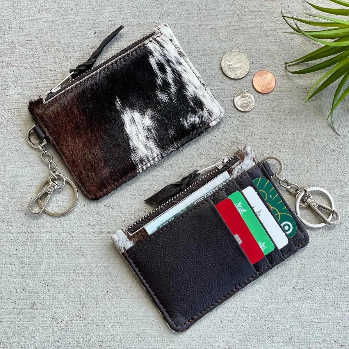 Cowhide Leather Western Wallet Cardholder Keychain in Dark Brown