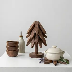 Handmade Wooden Tree Trivet Set (4 Pcs) with Stand, Heat Resistant Walnut/Beech Wood Foldable Coasters, Aesthetic Kitchen Decor, Perfect Christmas & Housewarming Gift