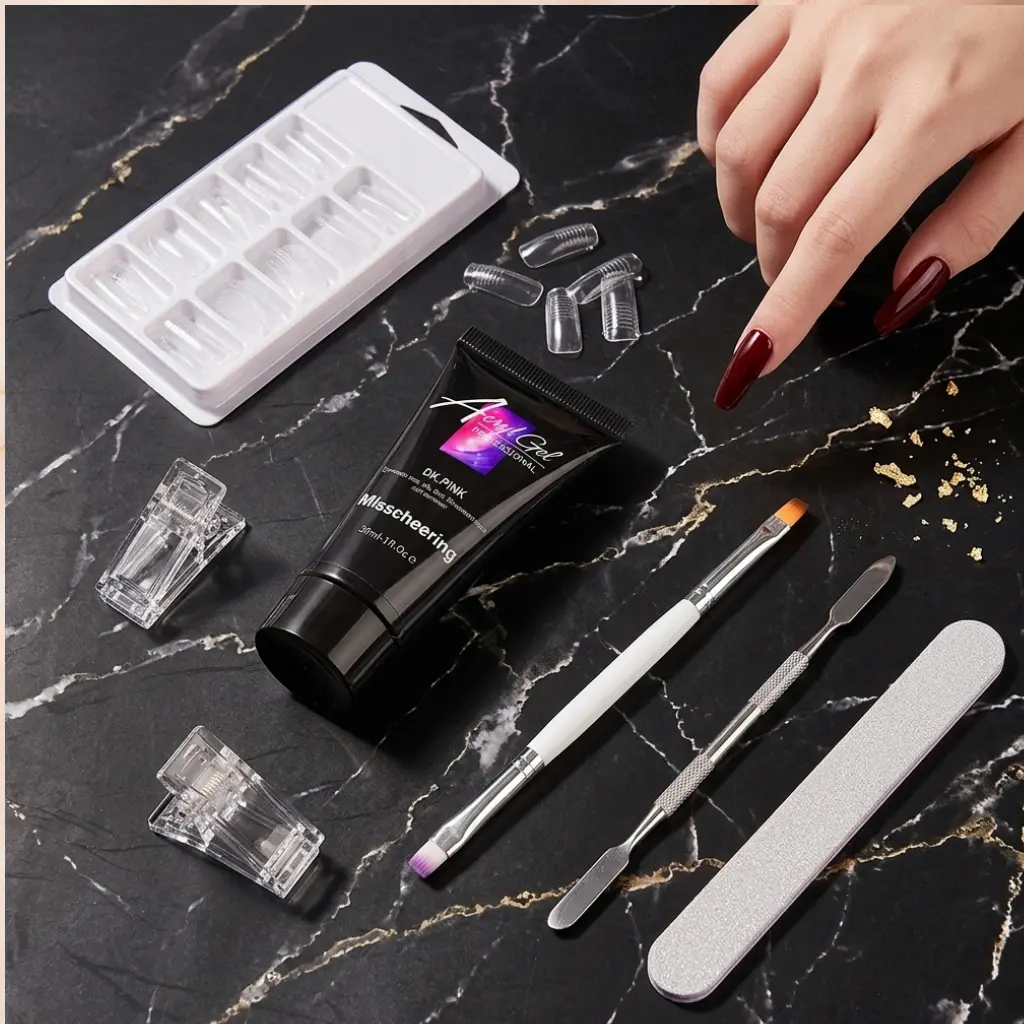 Poly Gel Nail Art Extension Kit | 30ml Builder with Nail Tips Brush File Spatula and Clip | Complete Diy Nail Art Set