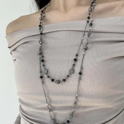 Vintage Boho Long Necklace, Alloy Necklace, Colorful Flower Beaded Sweater Chain, Ethnic Style Women's Jewelry, Retro Chic Double Layer Design, Dainty Layering Jewelry, Double Layered Jewelry, Bohemian Flower Necklace