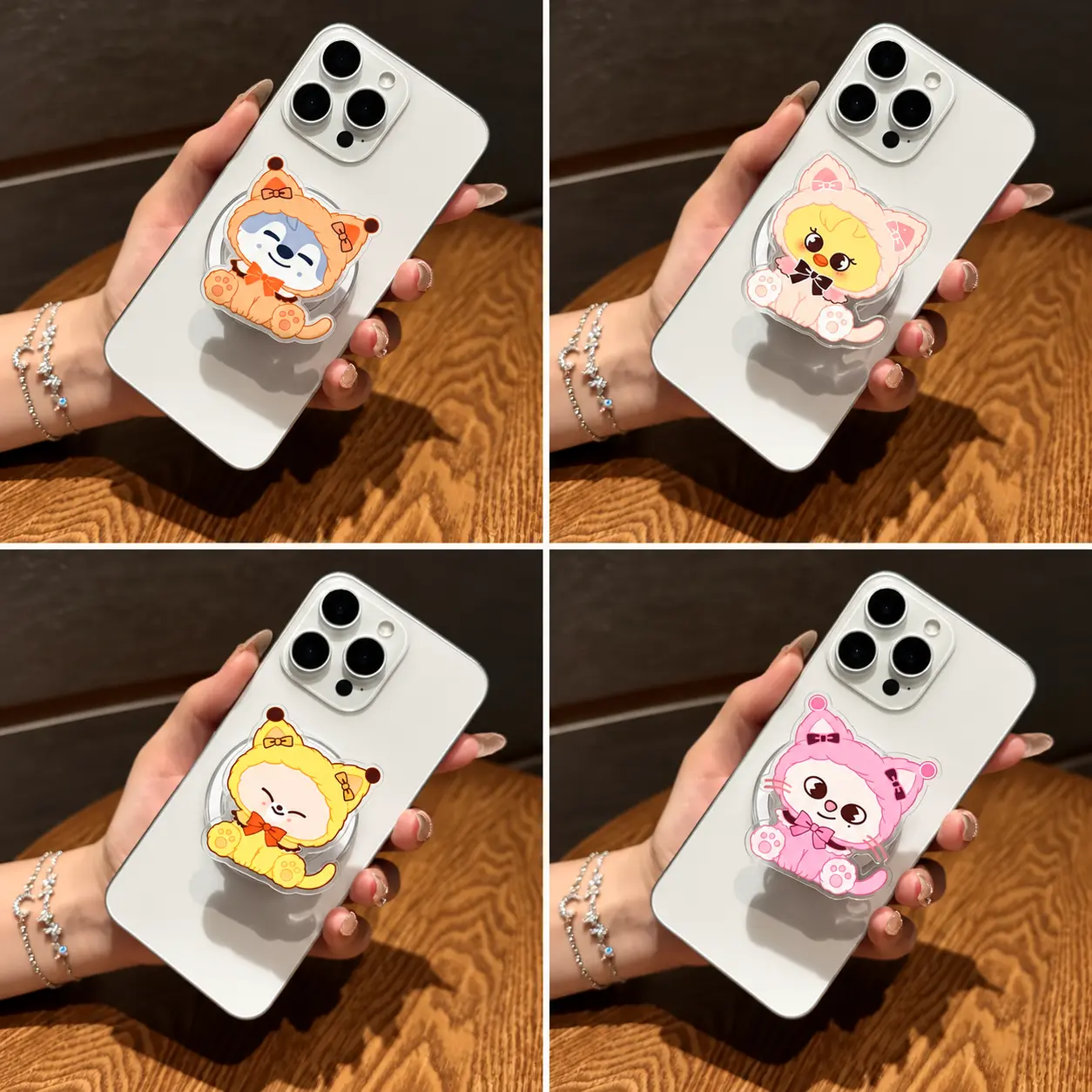 Cute Kpop Zookids Animal Magnetic Phone Grip Set – Kawaii Cat & Bear Acrylic Phone Stand, Pink Orange Yellow Character Grip Holder, Girly Gift for Fan