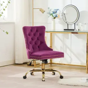 A&A Furniture Modern Velvet Office Chair with Tufted Button Design, Golden Metal Base, Adjustable Swivel, Purple Upholstery, Electroplated Gold, Comfortable & Stable