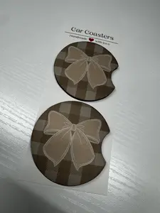 Tan Bows & Checkered Neoprene Car Coasters - Trendy Design for Your Vehicle