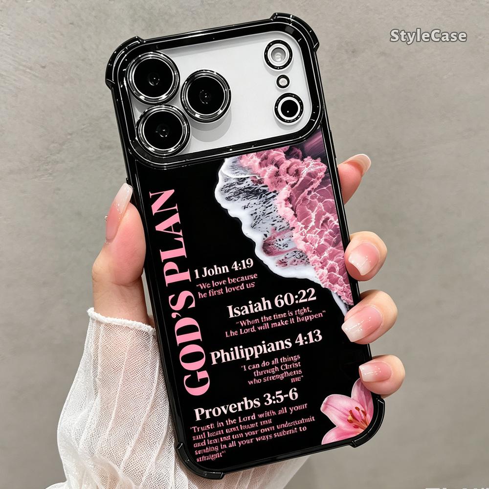 Religious Christian Faith God's Plan Bible Verse Durable Shockproof Protective Cellphone Cover for iPhone 17/16/16 Plus/15/14/13/12/11 Pro Max Air, Black TPU Soft Cover, Pink Wave Floral Pattern, Camera Protection, Faith Gift Phone Accessory DDSJ260627018