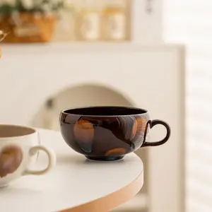 Vintage Ceramic Round Coffee Cup, Tea Cup, Chestnut Soup Mug, Home Milk Oatmeal Cup, Wide Mouth Large Capacity Breakfast Cup, Glazed Craftsmanship, Stylish Drinkware