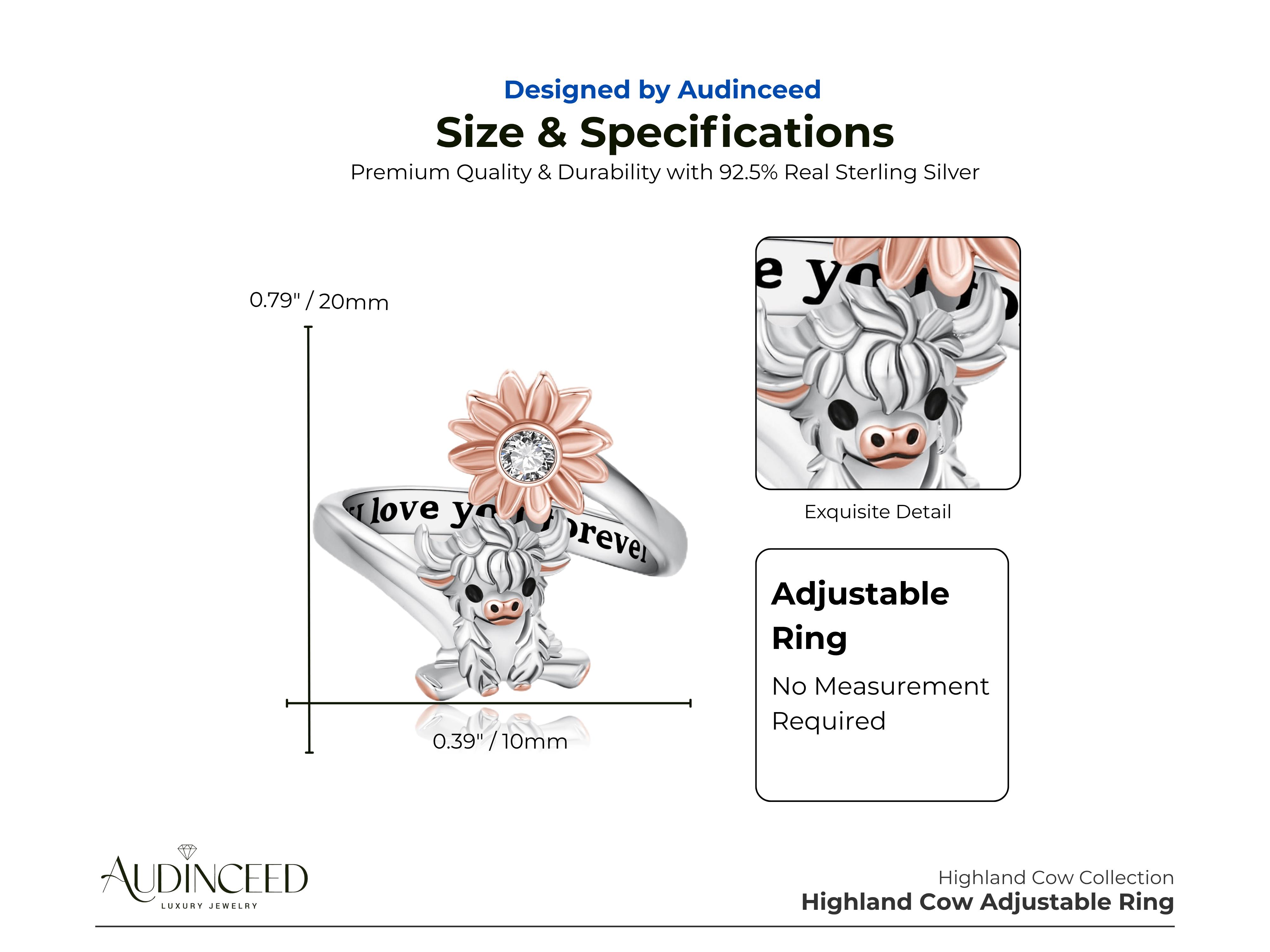 Audinceed Highland Cow Adjustable Ring, S925 Sterling Luxury Silver Adjustable Ring Vintage Charming Cute Affordable Jewelry Silver Ring Anniversary Birthday Gift for Girlfriend Woman Female Wife
