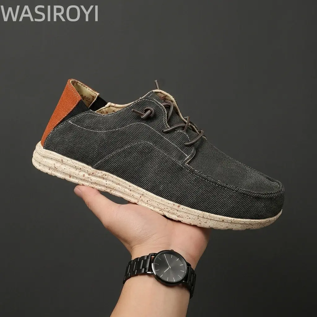WASIROYI Men’s Canvas Lace-Up Lightweight Casual Loafers, Soft Sole Breathable Slip-On Walking Shoes, Comfortable Flat Boat Shoes for Daily Driving and Outdoor Commuting
