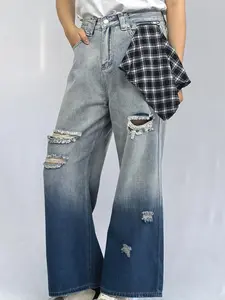 Lux Lee High Rise Baggy Wide Leg Jeans – Gradient Washed Denim, Stylish Ripped Accents, Unique Plaid Patchwork, Tummy Control High Waist, Visually Lengthen Legs, Perfect for All Body Shapes & Daily Streetwear