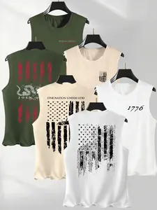 Men's Summer Casual Sleeveless Round Neck Vest, Flag Series Print, Outdoor Sports Wear, Daily Versatile, 3 Pack