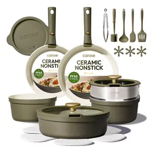 [Official]Carote 23pcs Olive Green Ceramic Cookware Set with Detachable Handles, Pots and Pans Set Non Stick, RV Kitchen Cooking Pot and Pan
