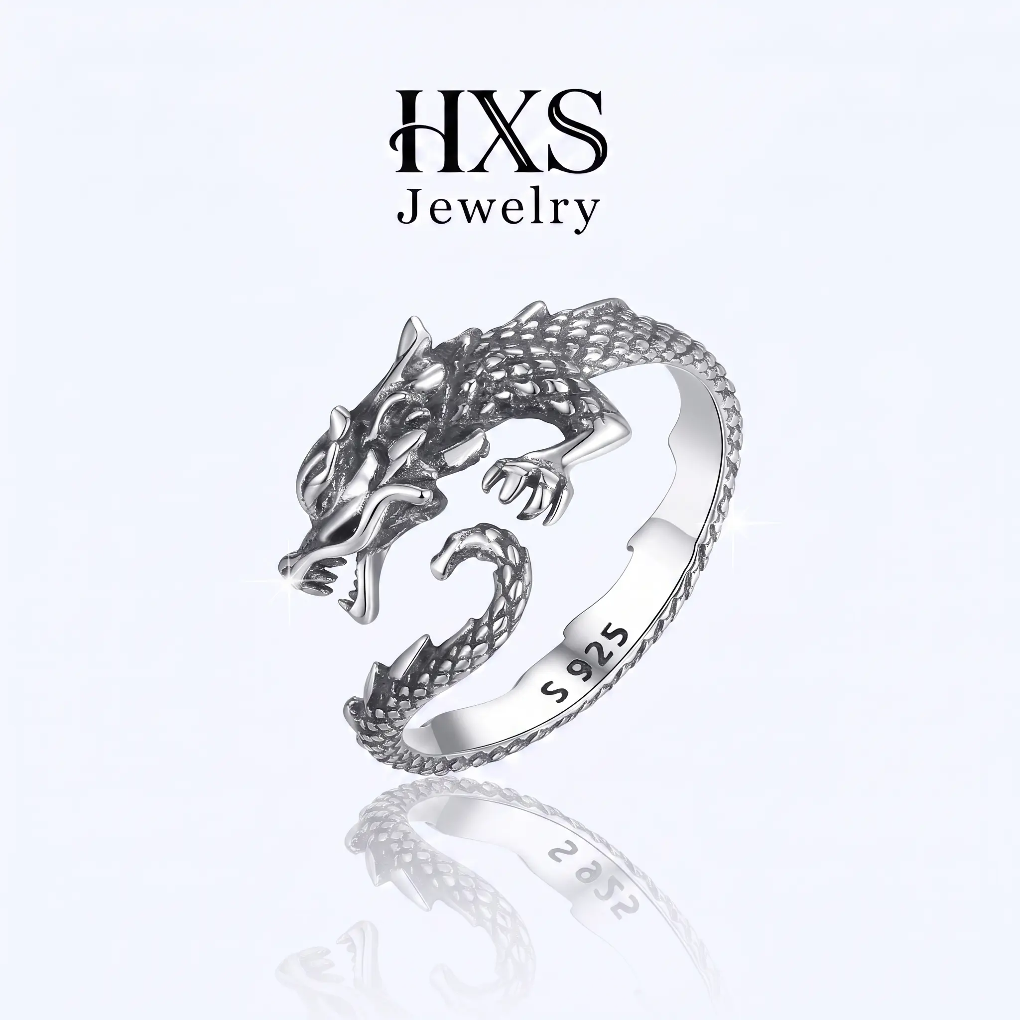 HXS 925 Sterling Silver Dragon Shape Wrap Ring, Vintage Inspired Unique Textured Scales Statement Ring for Men, Daily Wear Jewelry Accessory