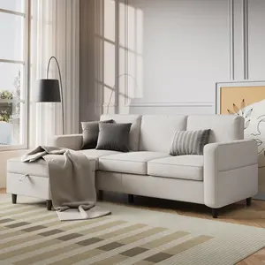 Sectional Sofa and Couches for Living Room - 78'' Beige 3 Seat L-Shaped Couch with Storage Ottoman, Modern Linen Convertible Sectionals Sofas with Chaise for Apartment, Office, Small Space