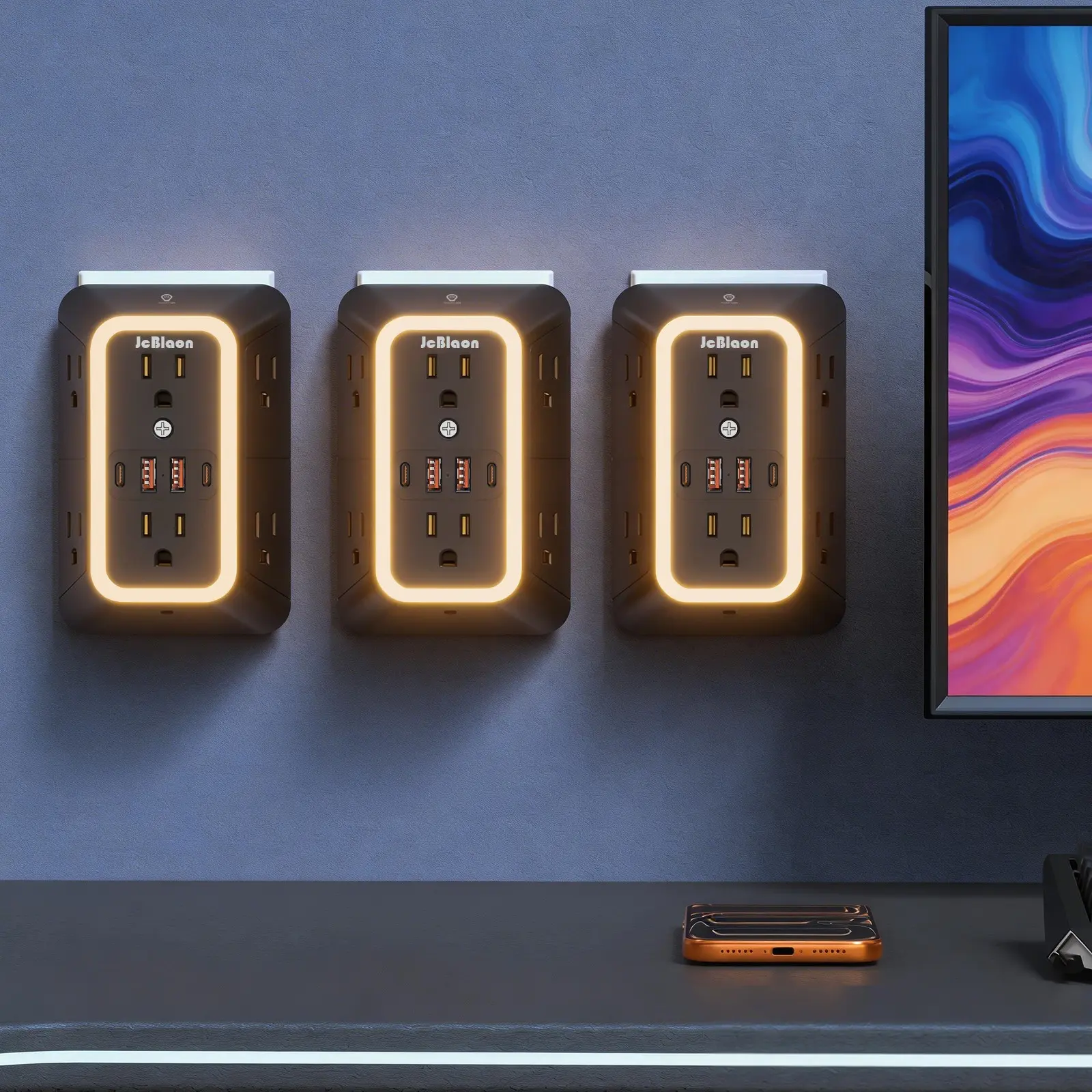 3 Pack 10 IN 1 USB Wall Charger With Night Light, 6 AC Outlet Extender with 4 USB Charging Ports(2 USB C), 3-Sided Design USB Wall Charger for Home Travel Office（black） Power Socket Expander USB Multi Plug Power Socket Extender