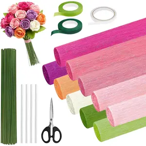 10 Rolls 10*98in Pastel Crepe Paper Streamers Kit for DIY Colourful Paper Flower with 100 Pcs Flower Stalk Gardening Tape Scissors Double-Sided Tape Glue Sticks (Pink)