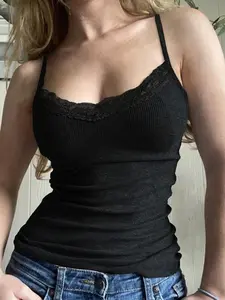 Pure Desire Lace Trim Short Tank Top, Casual Basic Layering Piece, Comfortable Everyday Wear, Stylish Women's Clothing, Womenswear