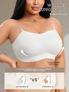 Plus Size Women's Seamless Strapless Anti-Slip Bandeau Bra, Side Buckle Design, Medium Support, Solid Color, Casual Daily Wear