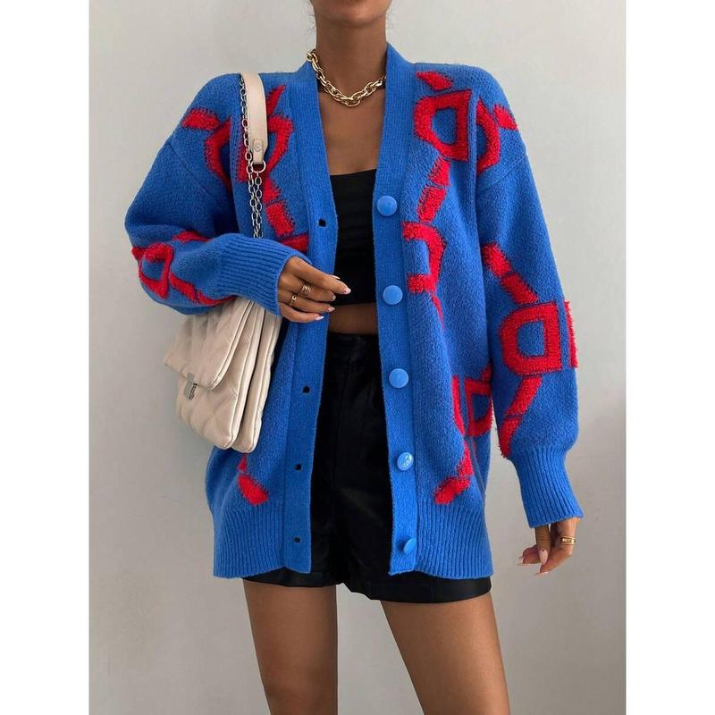 Letter Pattern Drop Shoulder Cardigan,Long Sleeve Tops Fall Winter Cloth For Women Fabric Fit