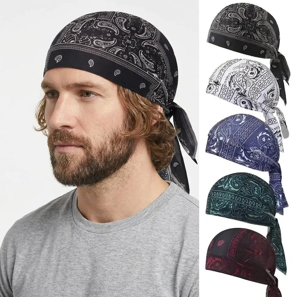 5-Pack Paisley Bandana Durag Headwear Set for Men Women, Moisture Wicking Sweatband Skull Cap & Helmet Liner for Cycling, Running, Yoga, Gym, Outdoor Work, Adjustable Breathable Tie Back Hair Cover Wrap, Multi-Functional Sport Headwrap
