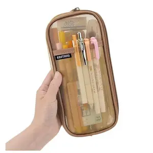 EASTHILL Grid Mesh Pen Pencil Case with Zipper Clear Makeup Color Pouch Cosmetics Bag Multi-Purpose Travel School Teen Girls Transparent Stationary Bag Office Organizer Box for Adluts(Khaki)