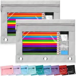2 Pack Binder Pencil Pouch Case Box Bag for 3 Ring Binder School Supplies Girls Boys , Clear Preppy Stuff Large Aesthetic Pen Organizer,  to College Stationary, Gray