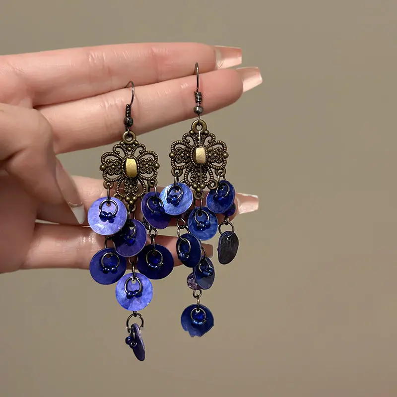 Women's Bohemian Nautical Coastal Sea Valley Blue Long-Tassel Lightweight Shell Stud Dangle Earrings - Sports & Outdoor Accessory Jewelry for Adult Females, Ideal for Beach Vacations, Casual Daily Use
